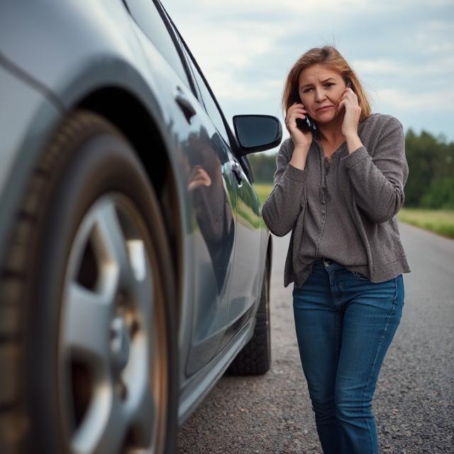 A car with a flat tire is parked on the side of a road. A woman stands nearby with a sad expression, holding a phone to her ear as she calls for help. The sky is slightly overcast, and the surroundings suggest a quiet, rural or suburban area. The woman is dressed casually and looks concerned. The focus is on her expression and the damaged tire.